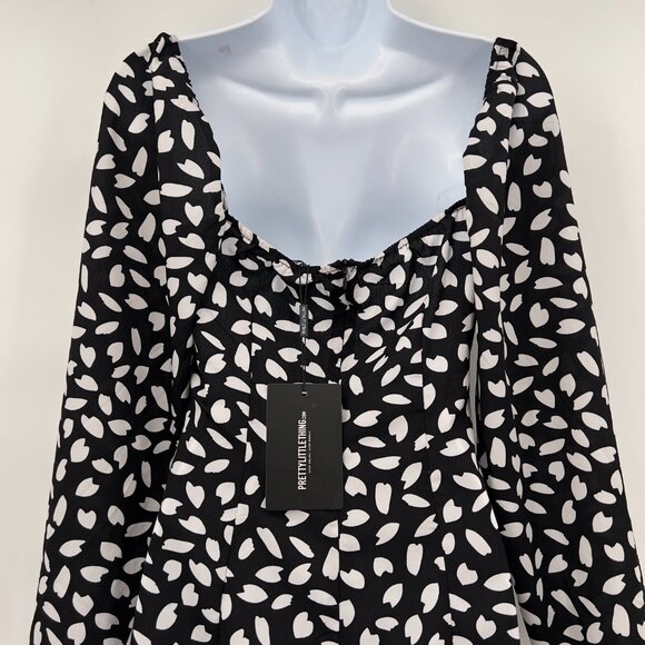PrettyLittleThing Women’s Black Seed Print Mini Dress  4 Long Sleeve NWT - Picture 6 of 14